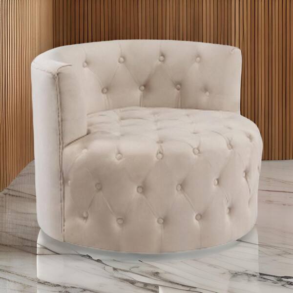Benjara Beige Velvet Arm Chair with Round Design, Button Tufted