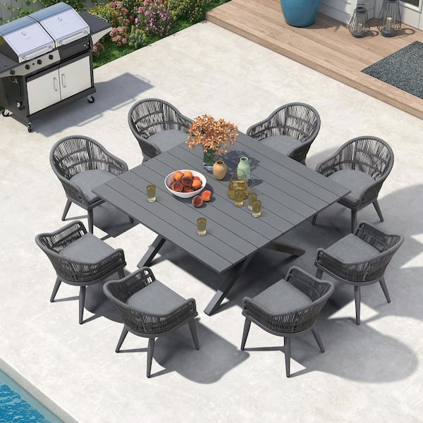 PURPLE LEAF 9 Piece Aluminum All-Weather PE Rattan Square Outdoor Dining Set with Cushion, Grey