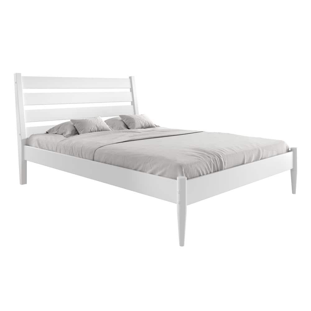 White Pine Wood Queen Platform Bed with Upholstered Headboard