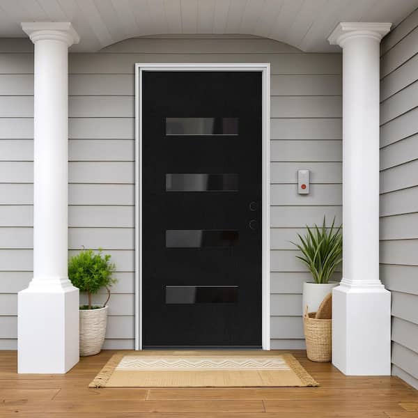 36 in. x 80 in. Flush Left-Hand 4-Lite Frosted Glass Black Finish Fiberglass Prehung Front Door with Threshold, Hinge
