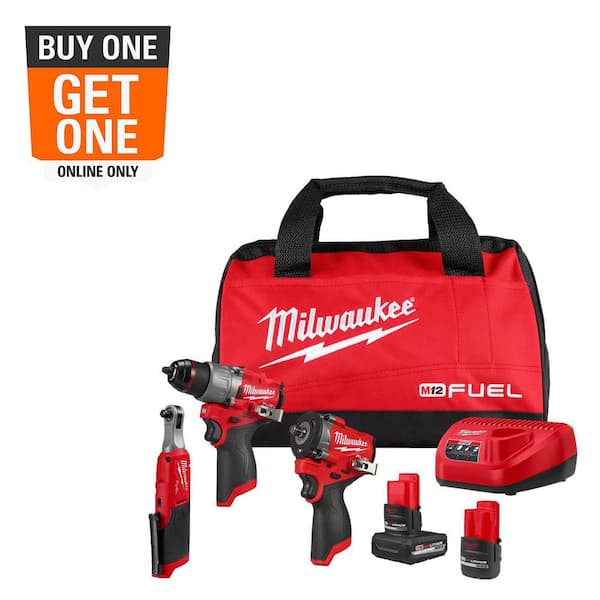 M12 FUEL 12V Lithium-Ion Cordless Drill Driver, Impact Wrench, and Ratchet Combo Kit (3-Tool) w/Batteries, Charger & Bag
