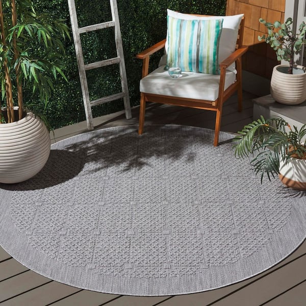 Milos Gray 7 ft. x 7 ft. High-Low Geometric Border Round Indoor/Outdoor Area Rug