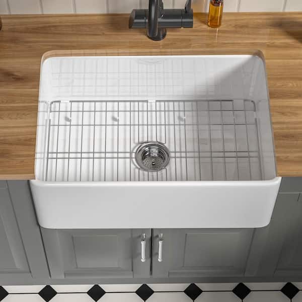 27 in. Fireclay Farmhouse Kitchen Sink Apron Front Single Bowl Sink in White with Bottom Grid and Strainer