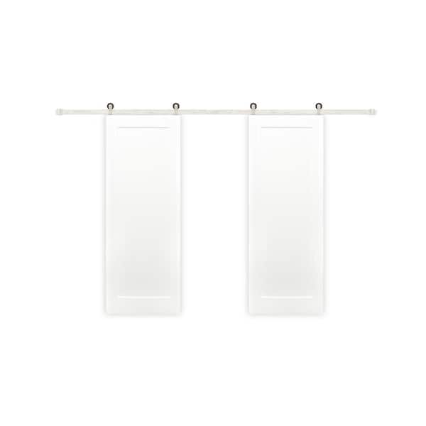 60 in. x 80 in. Bi-Part Shaker 1-Panel Solid Core Primed Pine Sliding Barn Door with Satin Nickel Hardware Kit