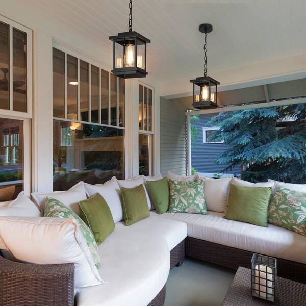 Modern Coastal Black Square Outdoor Pendant 1-Light Hanging Lantern with Clear Glass Shade for Covered Porch Gazebo