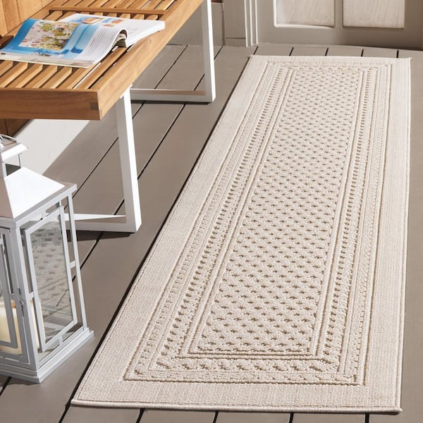 Global Light Beige/Ivory 2 ft. x 8 ft. Solid Ornate Border Indoor/Outdoor Runner Rug
