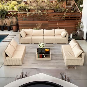 9-Piece Wicker Patio Conversation Set with Beige Cushions All-Weather Boho Outdoor Conversation Set Sectional Sofa