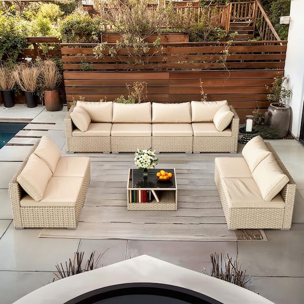 Unbranded 9-Piece Wicker Patio Conversation Set with Beige Cushions All-Weather Boho Outdoor Conversation Set Sectional Sofa