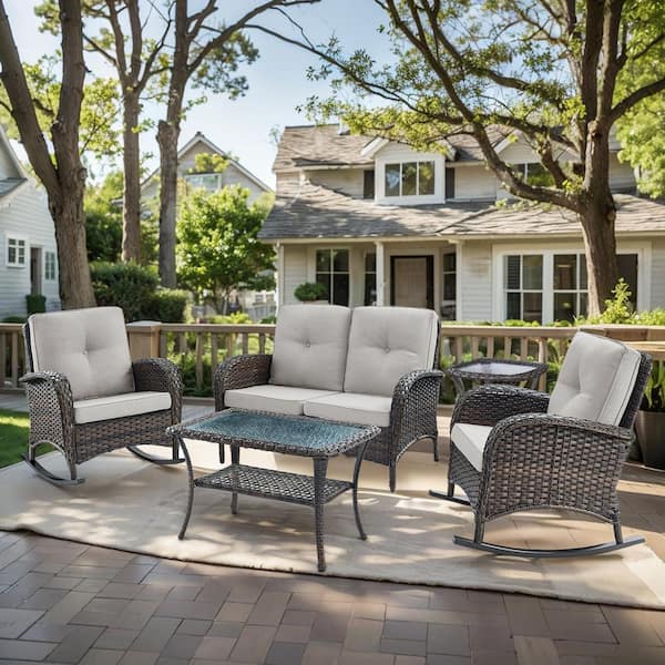 5-Piece Brown Wicker Patio Conversation Set with Beige Cushions and Loveseat Side Table Flat Handrail Rocking Chairs