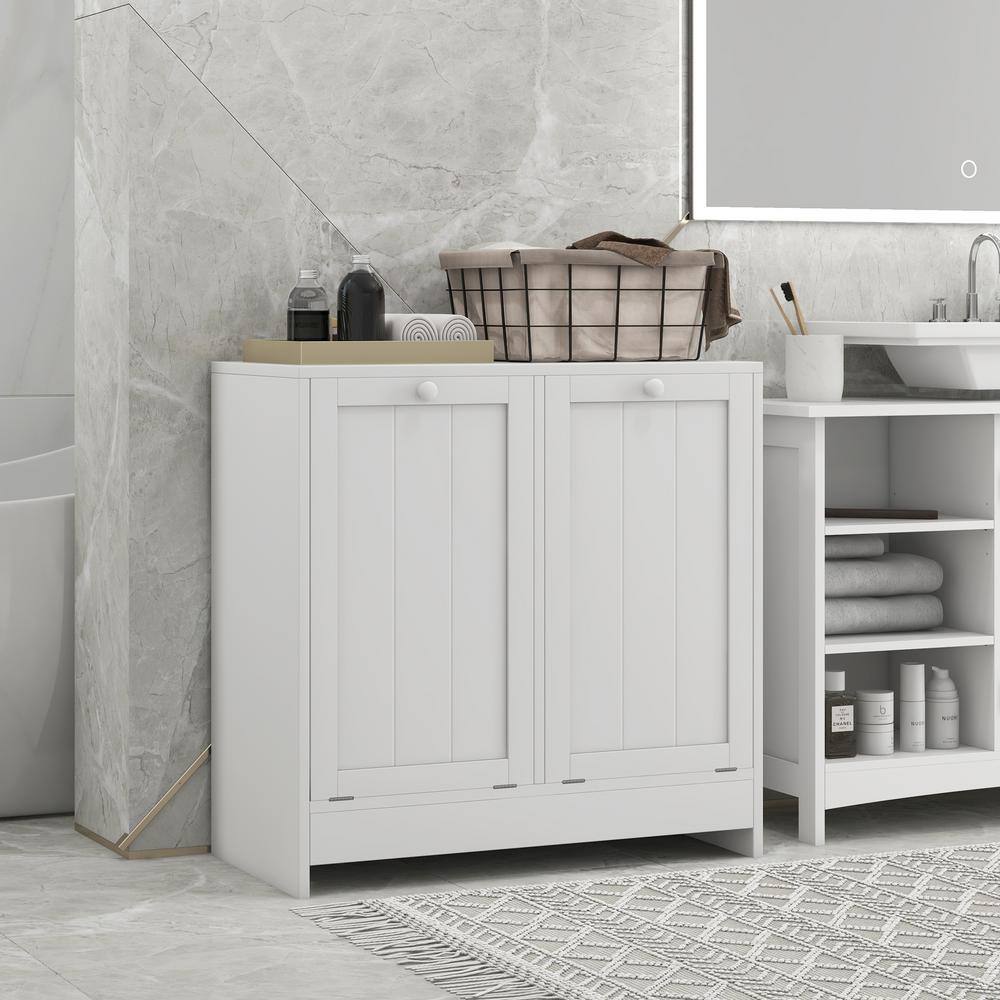 White Modern Tilt-Out Laundry Hamper Cabinet with 2 Compartments