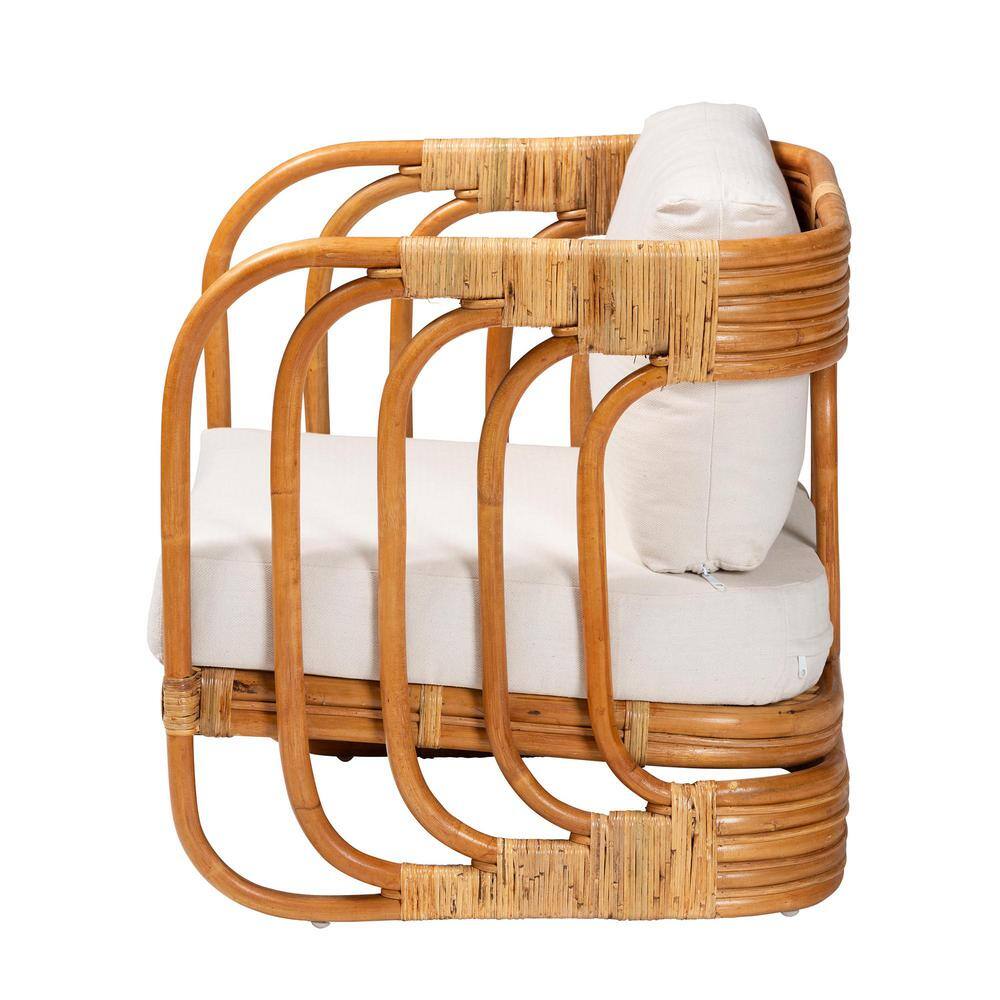 Handcrafted White Rattan Bohemian Accent Chair with Cushions