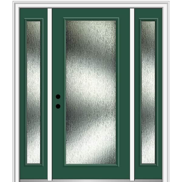 MMI Door 64 in. x 80 in. Right-Hand Inswing Rain Glass Hunter Green Fiberglass Prehung Front Door on 4-9/16 in. Frame