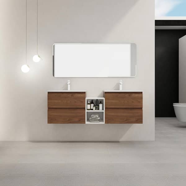 UPIKER Bohemia 60 in. W X 18.3 in. D x 20.5 in. H Floating Bath Vanity in Brown Oak with White Ceramic Vanity Top