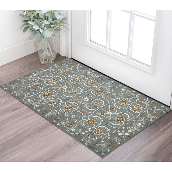 2 ft. x 3 ft. Orange Gray and Ivory Wool Floral Medallion Hand Hooked Area Rug