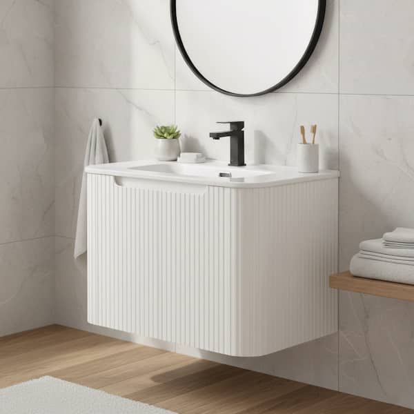 Caskvalley 30 in. Floating Bath Vanity in White with White Ceramic Sink Top Assembled