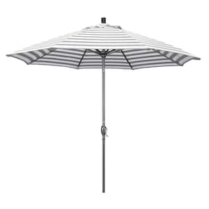 9 ft. Hammertone Grey Aluminum Market Patio Umbrella with Push Button Tilt Crank Lift in Gray White Cabana Stripe Olefin