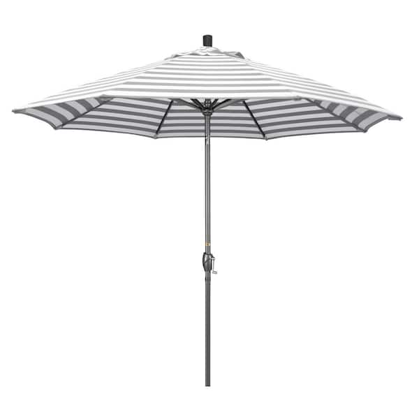 California Umbrella 9 ft. Hammertone Grey Aluminum Market Patio Umbrella with Push Button Tilt Crank Lift in Gray White Cabana Stripe Olefin
