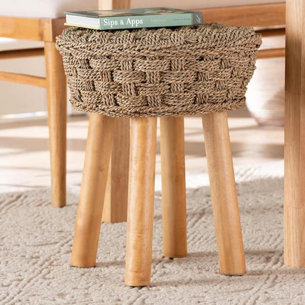 Denver 17.7 in. Wood and Natural Seagrass Dining Stool