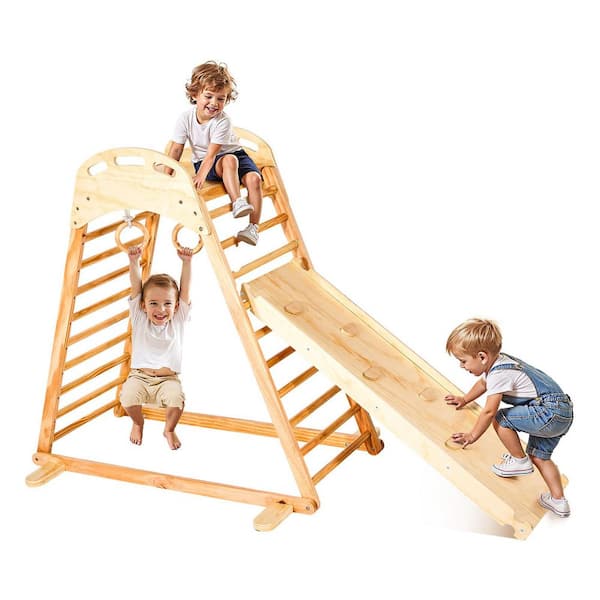 Indoor Playground Jungle Gym, 4-in-1 Wooden Indoor Playground Climbing Toys for Kids Montessori Toddlers Climber Playset