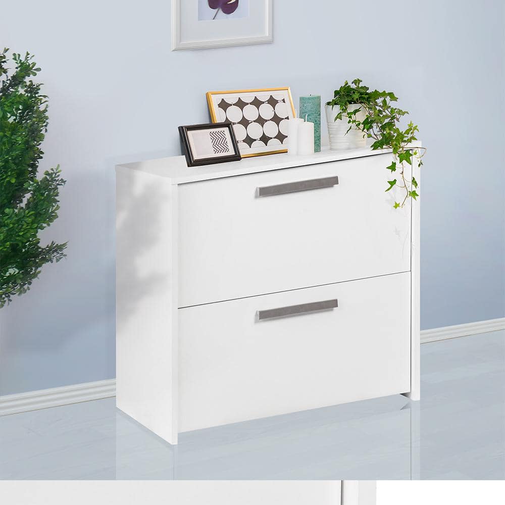 White Minimalist 2-Drawer Lateral Filing Cabinet with Silver Handles