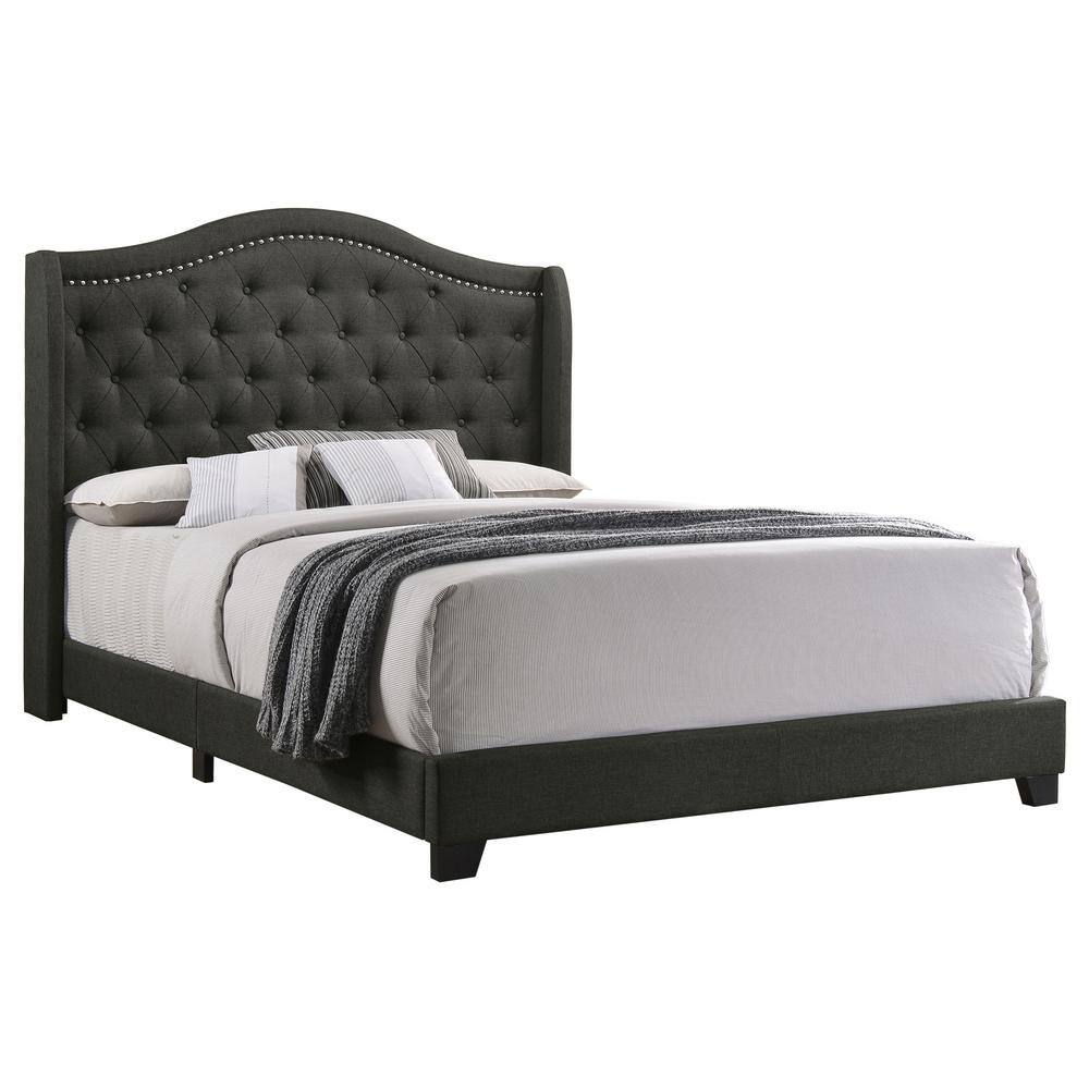 Gray Full Upholstered Bed with Tufted Headboard and Nailhead Trim