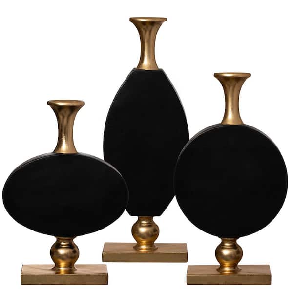 Uniquewise Vintage Gold and Black Fiberglass Tall Floor Vase-Enhances Home Decor with Farmhouse Charm (Set of 3)