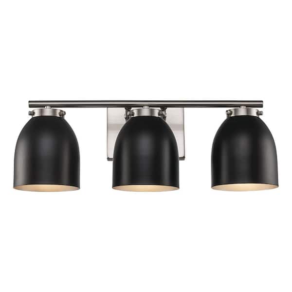 20 in. 3-Light Brushed Nickel Bathroom Vanity Light Fixture with Black Metal Shades