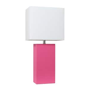 21 in. Modern Hot Pink Leather Table Lamp with White Fabric Shade