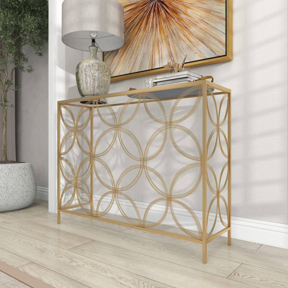 Harper Gold 42" Mirrored Metal Console Table with Quatrefoil Design