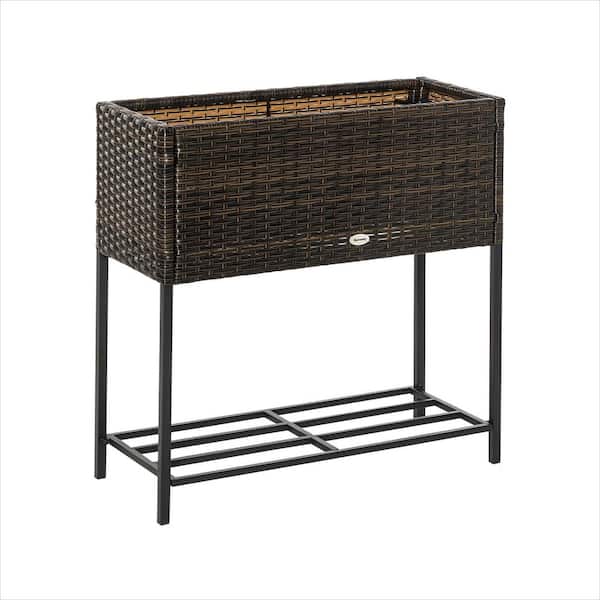 27.5 in. x 11.75 in. Brown Rattan-Look Raised Garden Bed with Tool Shelf, Elevated Planter Box for Herbs and Vegetables