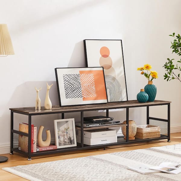 Industrial TV Stand for Televisions up to 80 in. 70 in. TV Console with Open Storage Shelves 3-Tiers Console Table Brown