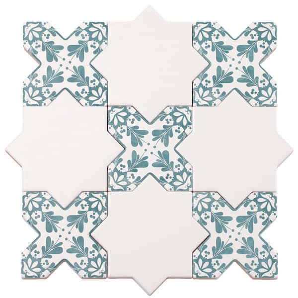 Siena 5.4 in. x 5.4 in. White Star with Pistachio Green Cross Matte Ceramic Wall and Floor Sample Tile (0.4 sq. ft.)
