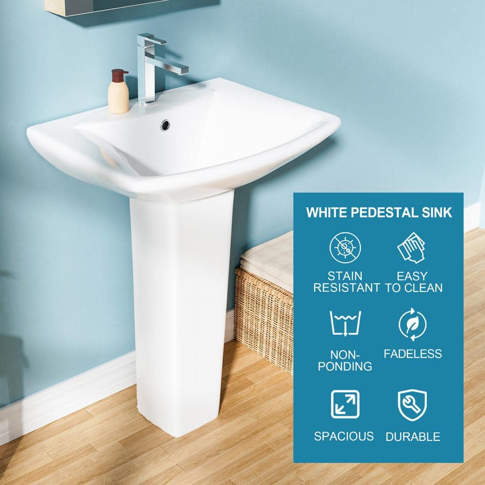 24" White Vitreous China Rectangular Pedestal Bathroom Sink