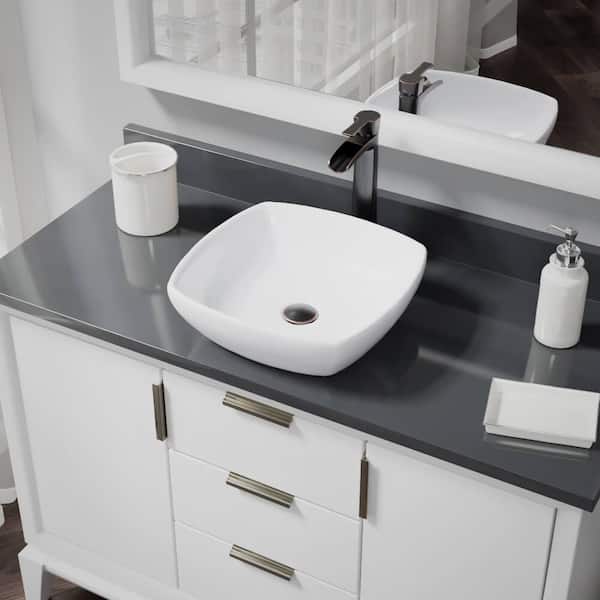 Rene Porcelain Vessel Sink in White with 7007 Faucet and Pop-Up Drain in Antique Bronze