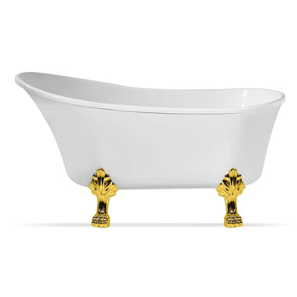 Dover 54 in. Heavy Duty Acrylic Slipper Clawfoot Bath Tub in White Faucet,  Claw Feet, Drain & Overflow in Polished Gold