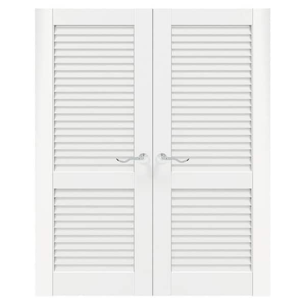TENONER 64 in. x 80 in. Louvered Panel, Composite, Solid MDF Core, Primed, White Interior Door Slab With Silver Curved Doorknob