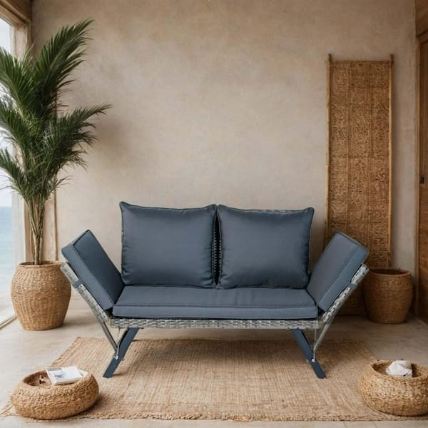 Unbranded 2-Person Wicker Outdoor Bench Patio Loveseat with Gray Cushions, Porch Extendable Foldable Bench Sofa Lounge Chairs