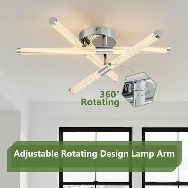 23.6 in. 18-Watt Modern Chrome LED Chandelier Semi Flush Mount Ceiling Light with 3 Rotatable Clear Acrylic Shade