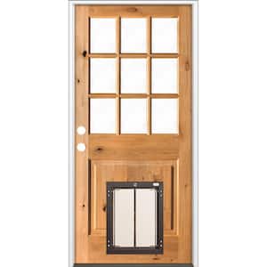 36 in. x 80 in. Right-Hand 9 Lite Clear Glass Stained Wood Prehung Door with Large Dog Door
