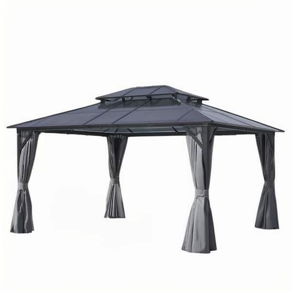 12 ft. x 16 ft. Gray Gazebo, Double Roof Canopy with Netting and Curtains, Aluminum Frame Polycarbonate Roof Garden Tent