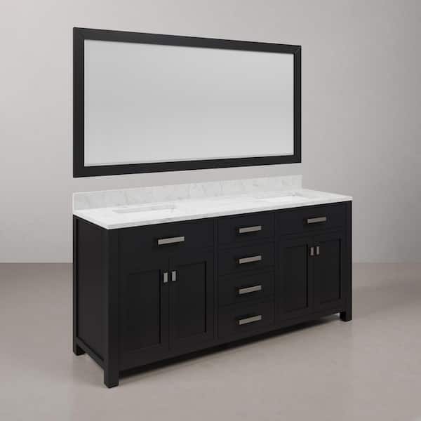 Madison 72 in. W x 21.5 in. D x 34 in. H Double Sink Bath Vanity in Espresso with Carrara White Marble Top and Mirror