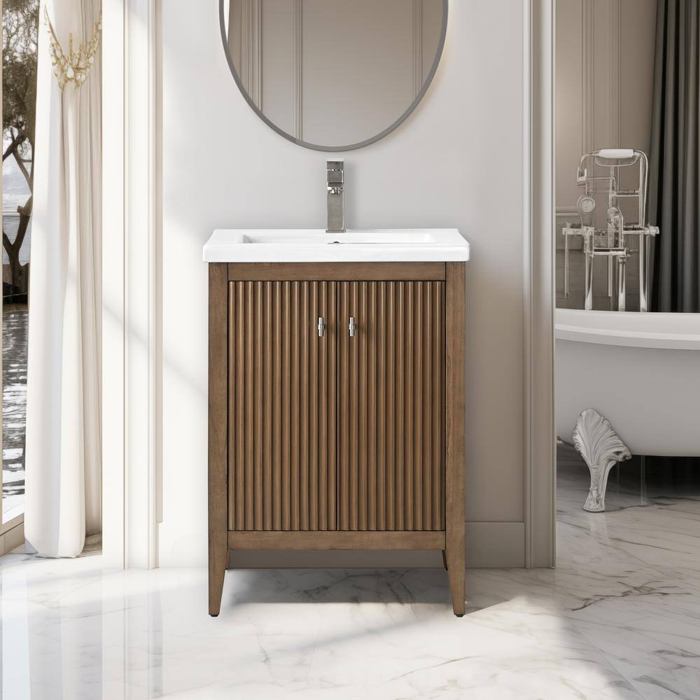 Walnut and White Ceramic Single Sink Bathroom Vanity Cabinet
