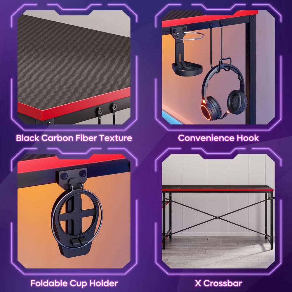 Bestier 61 Inch Black Carbon Fiber Gaming Desk with Shelves