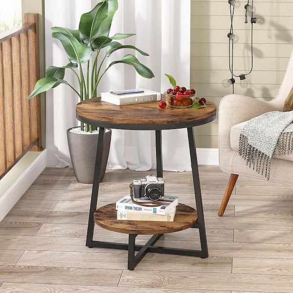 Kerlin 20 in. Rustic Brown Round Wood End Table w/ 2 Tier Storage Shelf Side Table, Nightstand Bedside Table (Set of 2)