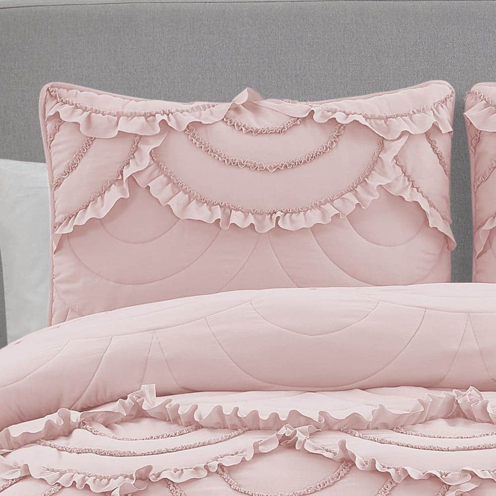 Blush Pink King Microfiber Scallop Ruffle Quilt Set