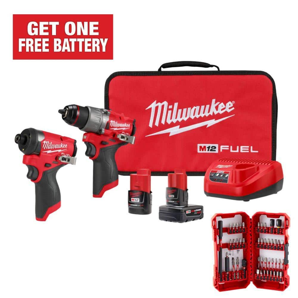 Milwaukee M12 FUEL 12-Volt Lithium-Ion Brushless Cordless Hammer Drill & Impact Driver Combo Kit (2-Tool) with Bit Set (45-Piece) 3497-22-48-32-4023 - The Home Depot