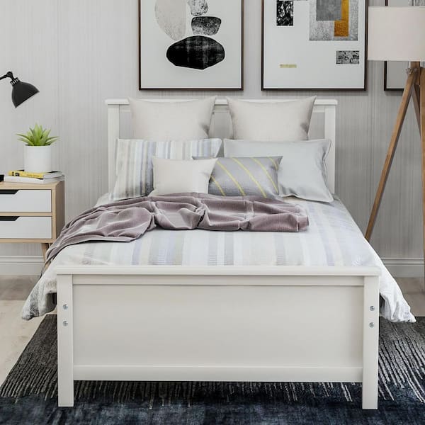 White Wood Frame Twin Size Platform Bed with Headboard and Footboard