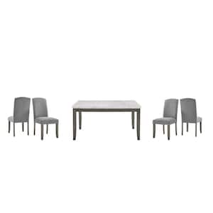 Emily 5-Piece 60 in. Rectangular White Marble Table with 4-Gray Upholstered Chair