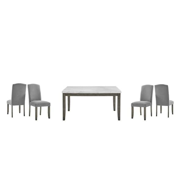 Steve Silver Emily 5-Piece 60 in. Rectangular White Marble Table with 4-Gray Upholstered Chair