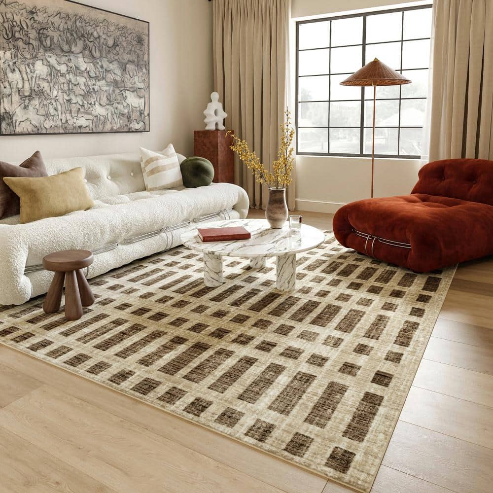Beige and Brown Synthetic Rectangular Area Rug, 5x8